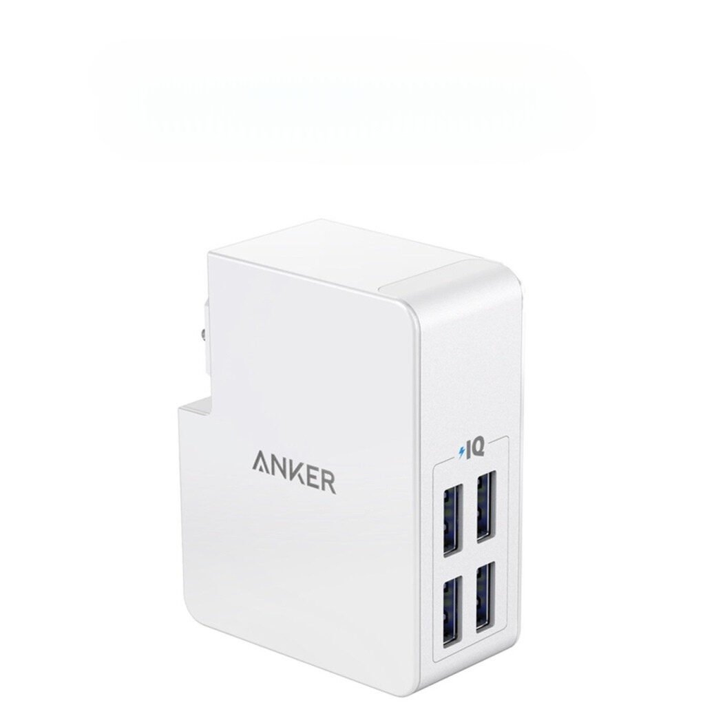 Anker PowerPort 4 Lite – 27W 4-Port USB Plug Charger with Interchangeable UK & EU Plugs, PowerIQ & VoltageBoost (White)