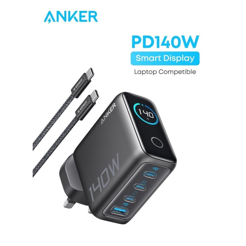 Anker 140W USB-C GaN Charger – 4-Port Multi-Device Fast Charging Adapter with Smart Display & ActiveShield Safety (Dark Grey)