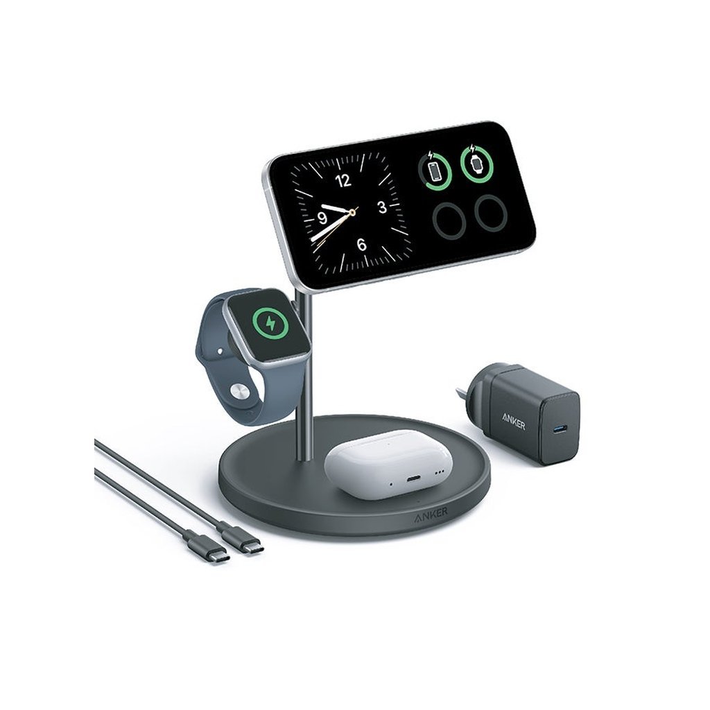 Anker MagGo 3-in-1 Wireless Charging Station – Qi2 Certified 15W MagSafe Charger for iPhone, Apple Watch & AirPods with 40W USB-C Adapter (Black)