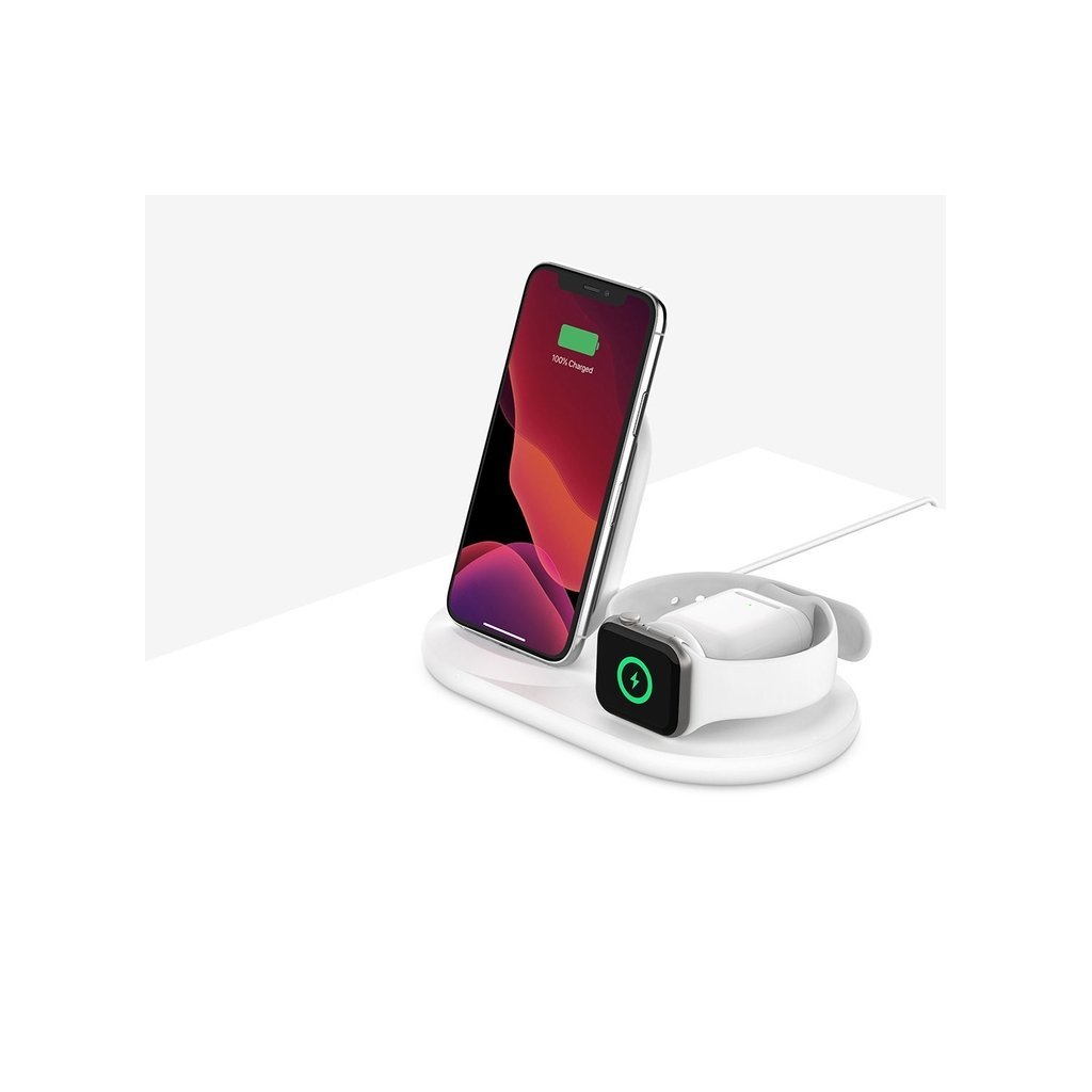 BoostCharge Pro 3-in-1 Wireless Charger – Qi Certified Fast Wireless Charging Dock for iPhone, Apple Watch & AirPods (White)