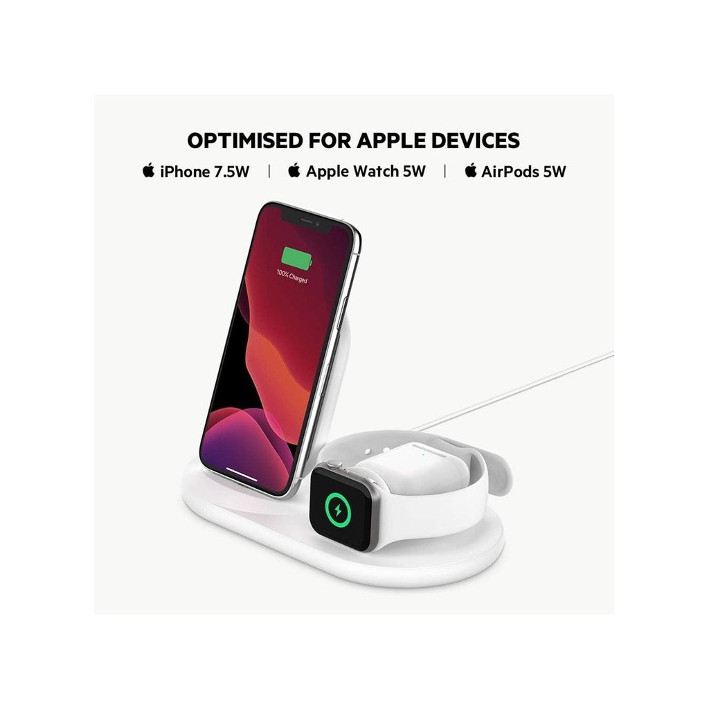 BoostCharge Pro 3-in-1 Wireless Charger – Qi Certified Fast Wireless Charging Dock for iPhone, Apple Watch & AirPods (White) - Image 3