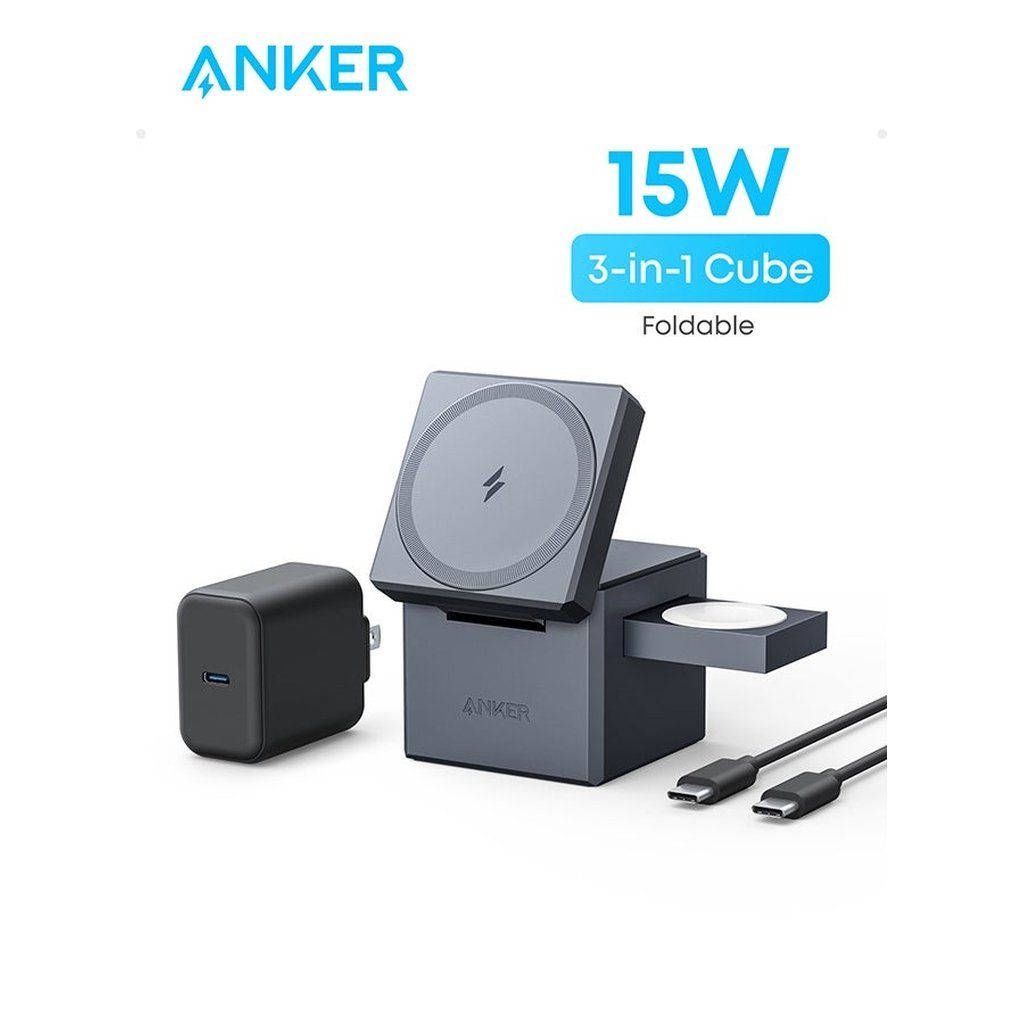 Anker 3-in-1 Cube with MagSafe – 15W Foldable Wireless Charging Station for iPhone, Apple Watch & AirPods (Grey)