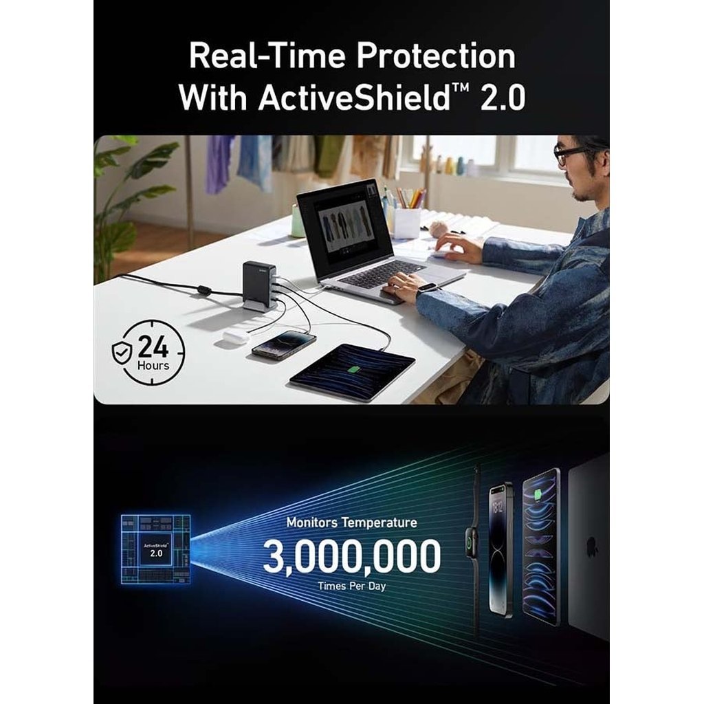 Anker Prime 240W GaN USB-C Charger โ 4-Port Fast Compact Charger with Detachable Base & ActiveShield Safety (Black) - Image 4